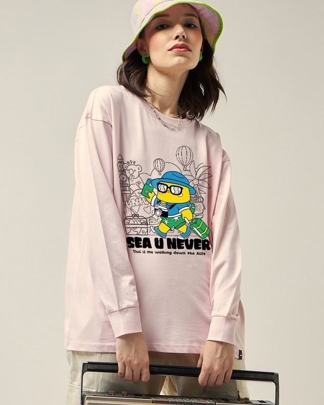 Shop Women's Pink Sea U Never Graphic Printed Oversized T-shirt-Front