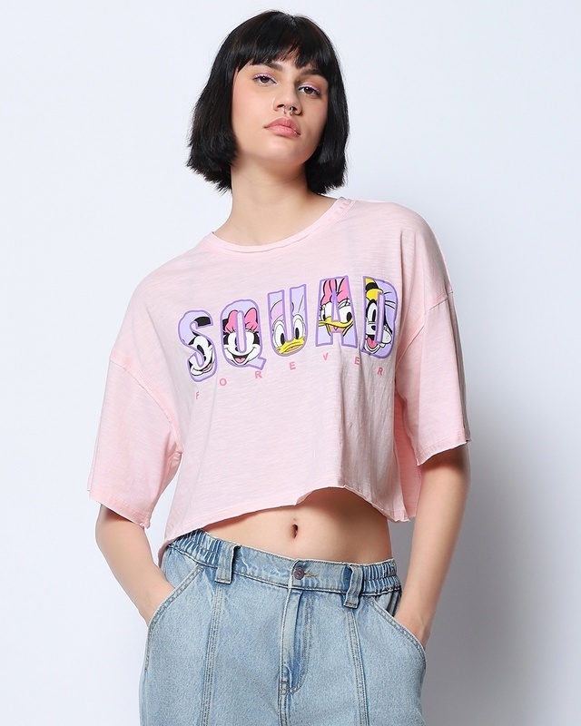 Shop Women's Pink Squad Forever Typography Oversized Short Top-Front
