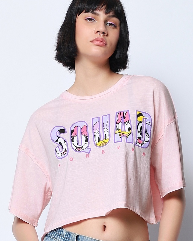 Shop Women's Pink Squad Forever Typography Oversized Short Top-Front