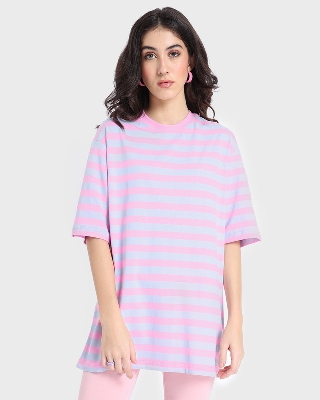 Shop Women's Pink Striped Oversized T-shirt-Front