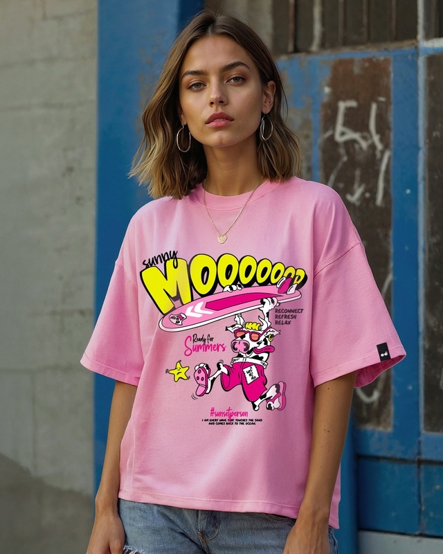 Shop Women's Pink Sunny Moooood Graphic Printed Oversized T-shirt-Front