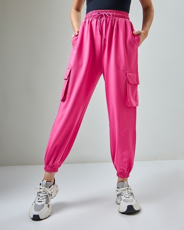 Shop Women's Pink Super Loose Fit Cargo Joggers-Front