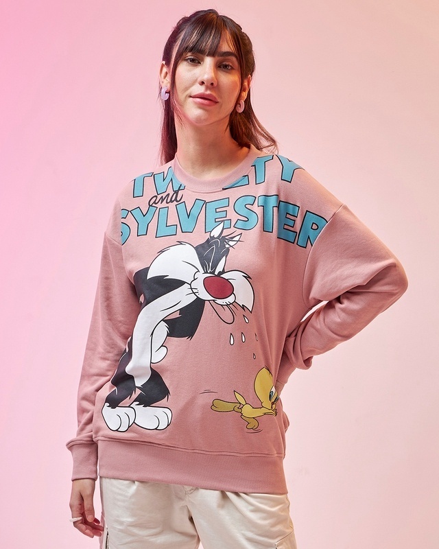 Shop Women's Pink Sylvester Chase Graphic Printed Oversized Sweatshirt-Front