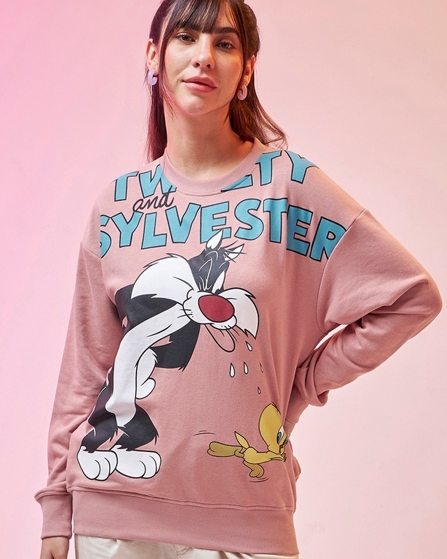 Shop Women's Pink Sylvester Chase Graphic Printed Oversized Sweatshirt-Front