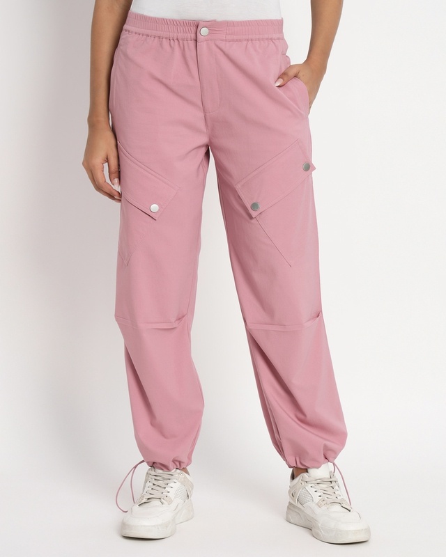 Shop Women's Pink Tapered Fit Cargo Parachute Pants-Front
