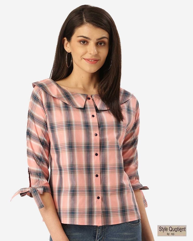 Shop Women's Pink & Teal Blue Checked Shirt Style Top-Front