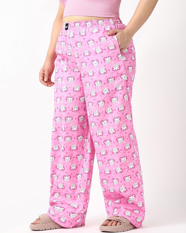 Shop Women's Pink The Aristocats All Over Printed Plus Size Wide Leg Pyjamas-Front
