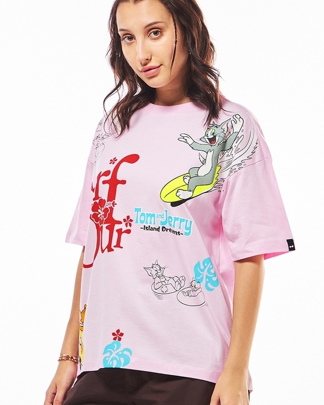 Shop Women's Pink Tom & Jerry Graphic Printed Oversized T-shirt-Front