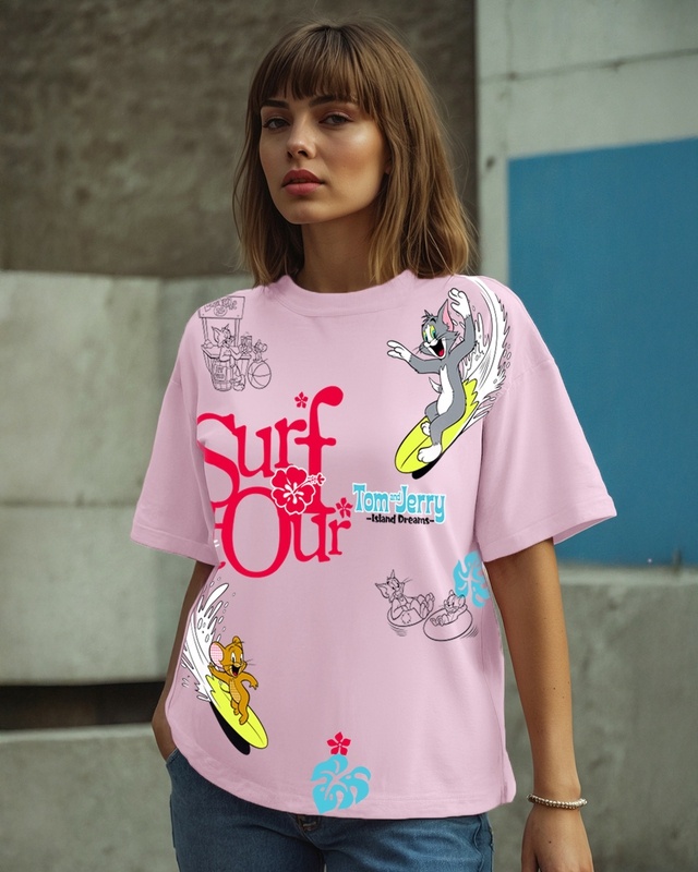 Shop Women's Pink Tom & Jerry Graphic Printed Oversized T-shirt-Front