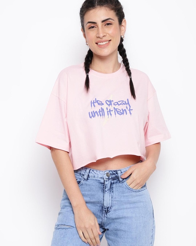 Shop Women's Pink Typography Loose Fit Crop T-shirt-Front
