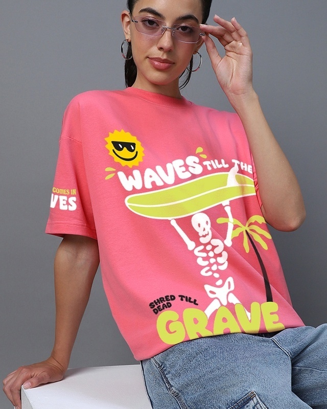 Shop Women's Pink Waves Till the Grave Graphic Printed Oversized T-shirt-Front