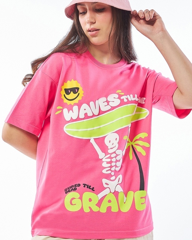 Shop Women's Pink Waves Till the Grave Graphic Printed Oversized T-shirt-Front