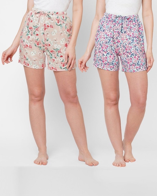 Shop Women's Pink & White All Over Floral Printed Lounge Shorts (Pack of 2)-Front