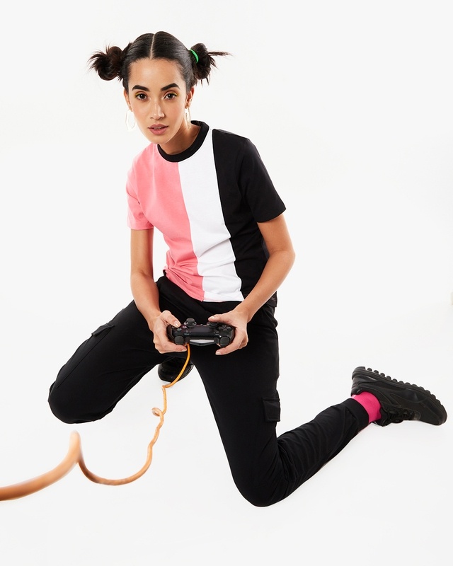 Shop Women's Pink White & Black Color Block T-shirt-Front