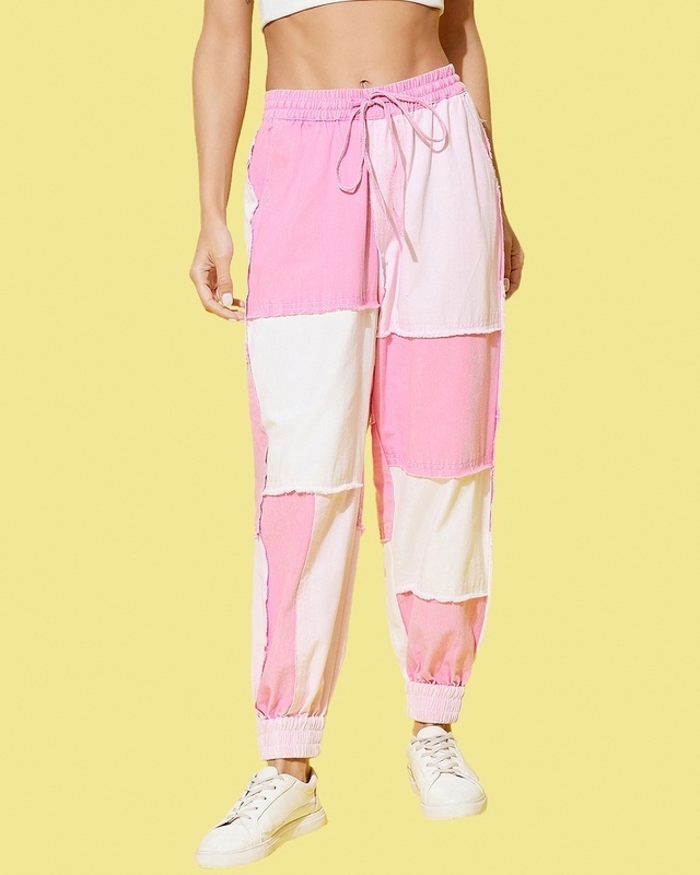 Shop Women's Pink & White Color Block Joggers-Front