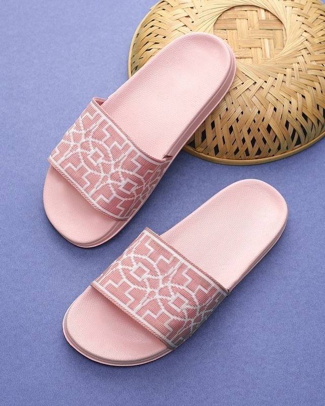 Shop Women's Pink & White Printed Sliders-Front