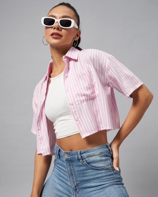 Shop Women's Pink & White Striped Crop Shirt-Front