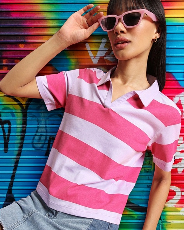 Shop Women's Pink & White Striped Plus Size Polo T-shirt-Front