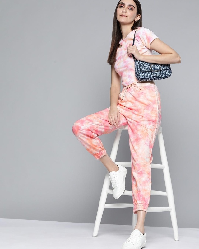 Shop Women's Pink & White Tie & Dye Co-ord Set-Front