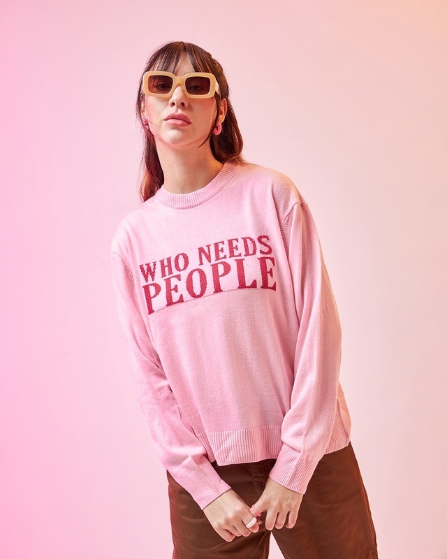 Shop Women's Pink Who Needs People Typography Super Loose Fit Sweater-Front