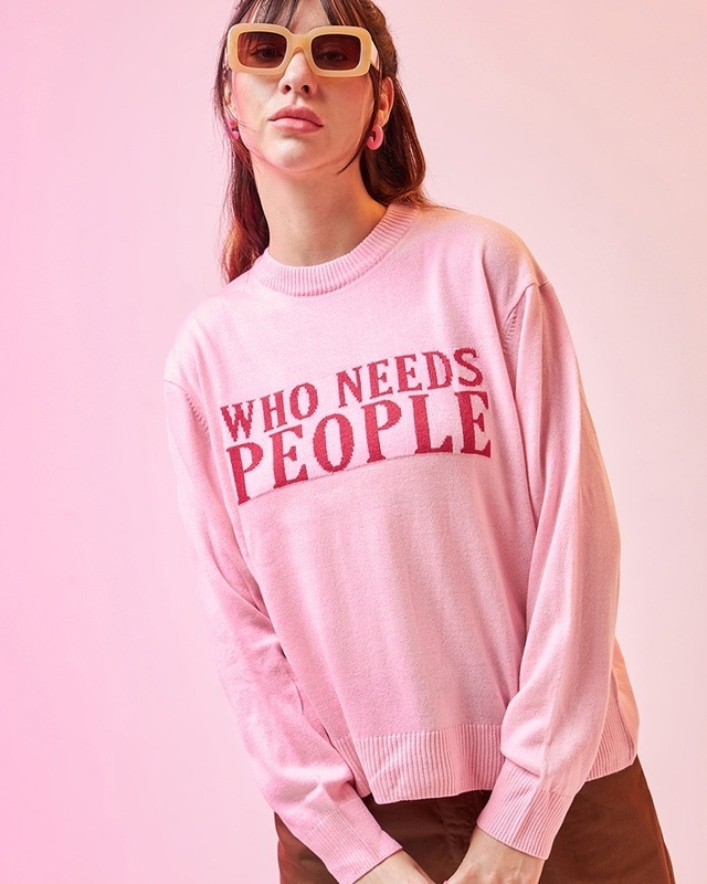 Shop Women's Pink Who Needs People Typography Super Loose Fit Sweater-Front