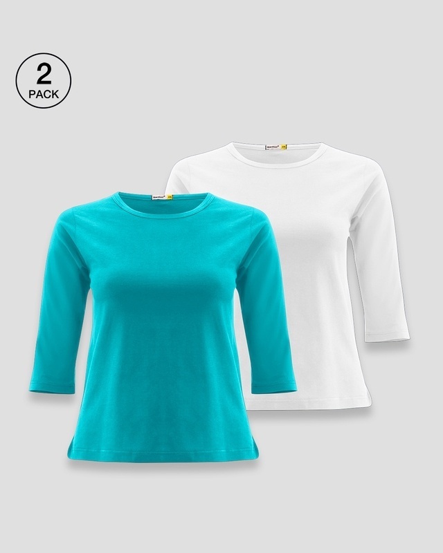 Shop Women's Plain Round Neck 3/4th Sleeve T-shirt - Pack of 2 (Blue 91-White 01)-Front