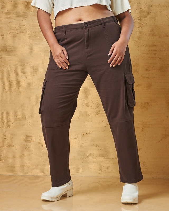 Shop Women's Brown Plus Size Cargo Pants-Front