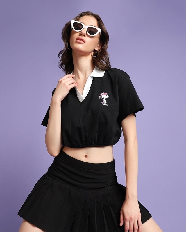 Shop Women's Black Snoopy Logo Printed Oversized Polo Short Top-Front