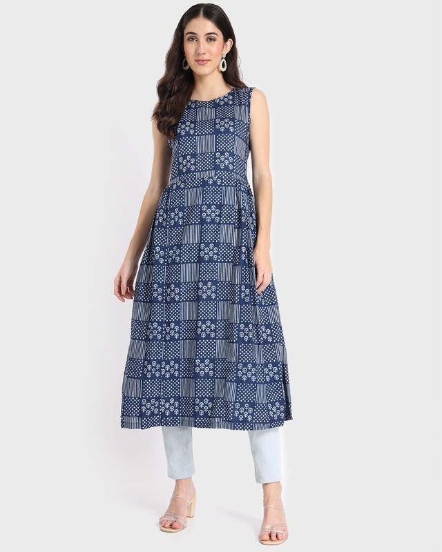 Shop Women's Blue Printed Long Kurti Dress-Front