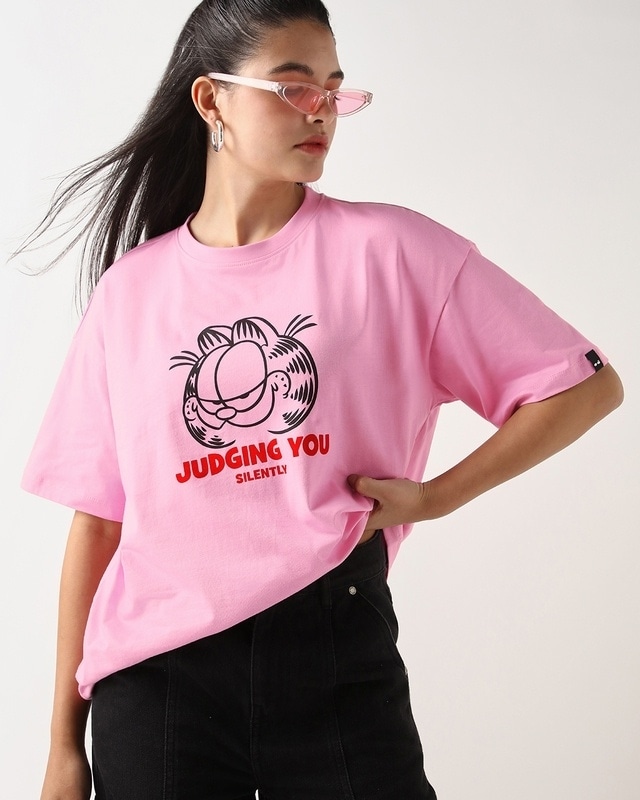 Shop Women's Prism Pink Judging You Graphic Printed Oversized T-shirt-Front