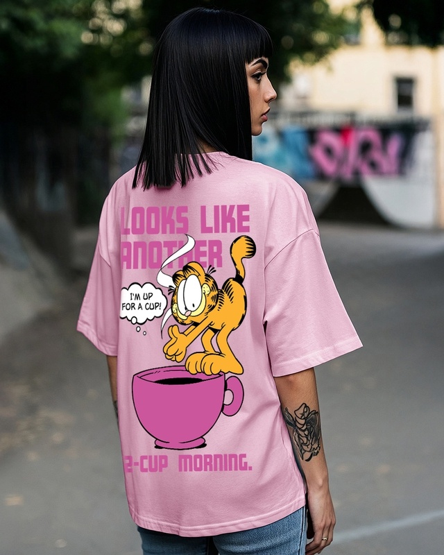 Women's Prism Pink Morning Coffee Graphic Printed Oversized T-shirt