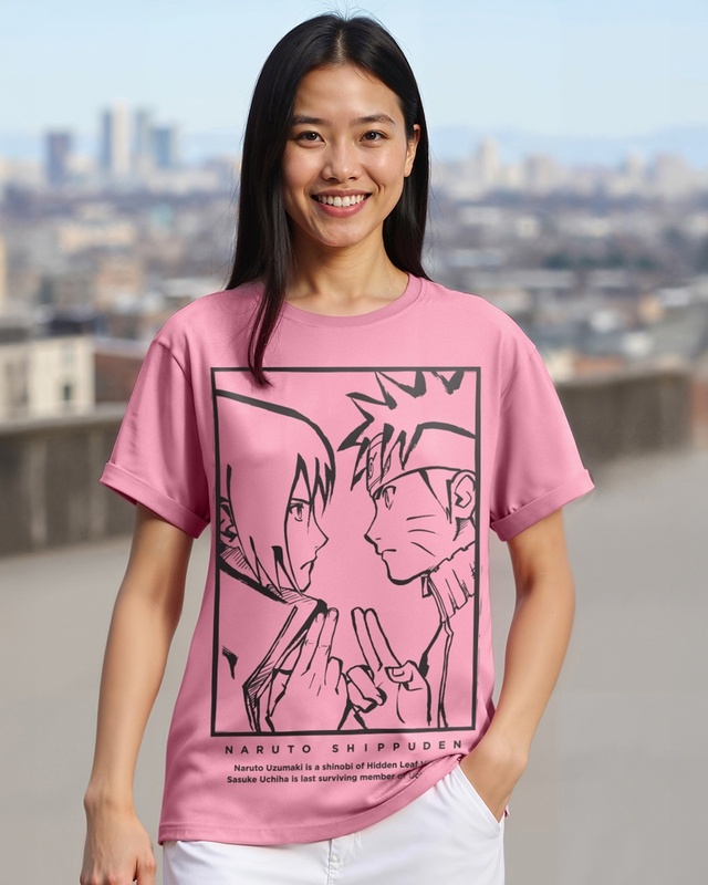 Shop Women's Prism Pink Naruto Sasuke Graphic Printed Boyfriend T-shirt-Front