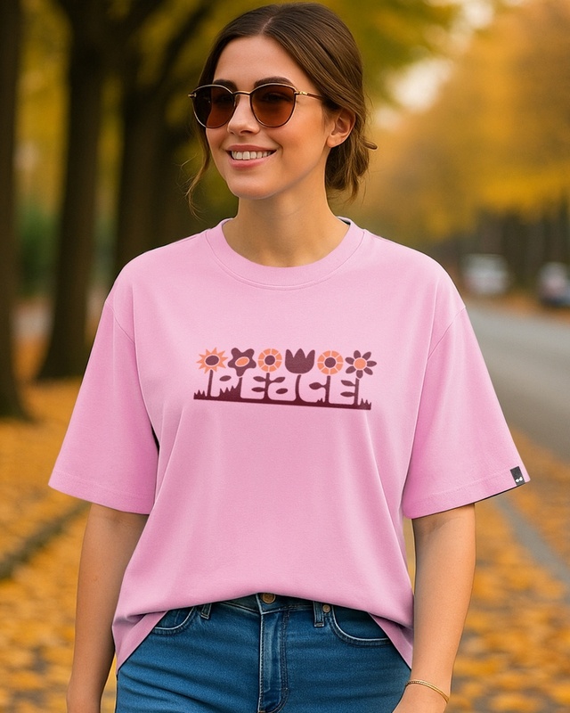 Women's Prism Pink Peace Graphic Printed Oversized T-shirt-Front Bewakoof Shop Women's Prism Pink Peace Graphic Printed Oversized T-shirt-Front