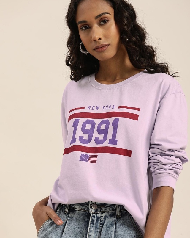 Shop Women's Purple 1991 Typography Relaxed Fit T-shirt-Front