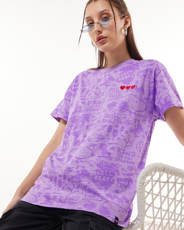 Shop Women's Purple All Over Printed Boyfriend T-shirt-Front