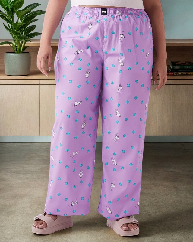 Shop Women's Purple All Over Printed Plus Size Wide Leg Pyjamas-Front