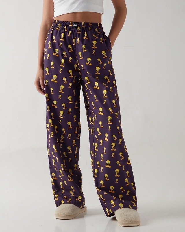 Shop Women's Purple All Over Printed Wide Leg Pyjamas-Front