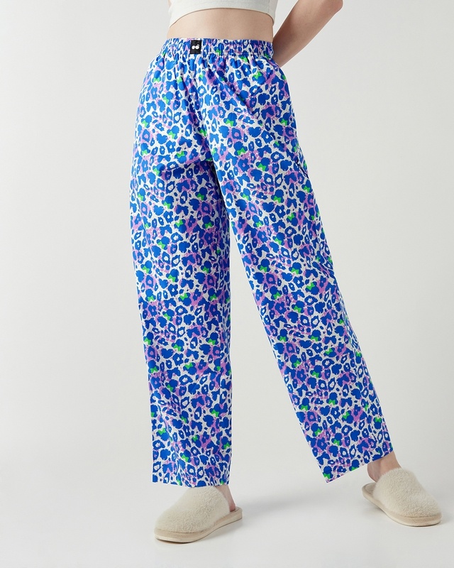 Women's Purple & Blue Mickey All Over Printed Wide Leg Pyjamas-Front Bewakoof Shop Women's Purple & Blue Mickey All Over Printed Wide Leg Pyjamas-Front