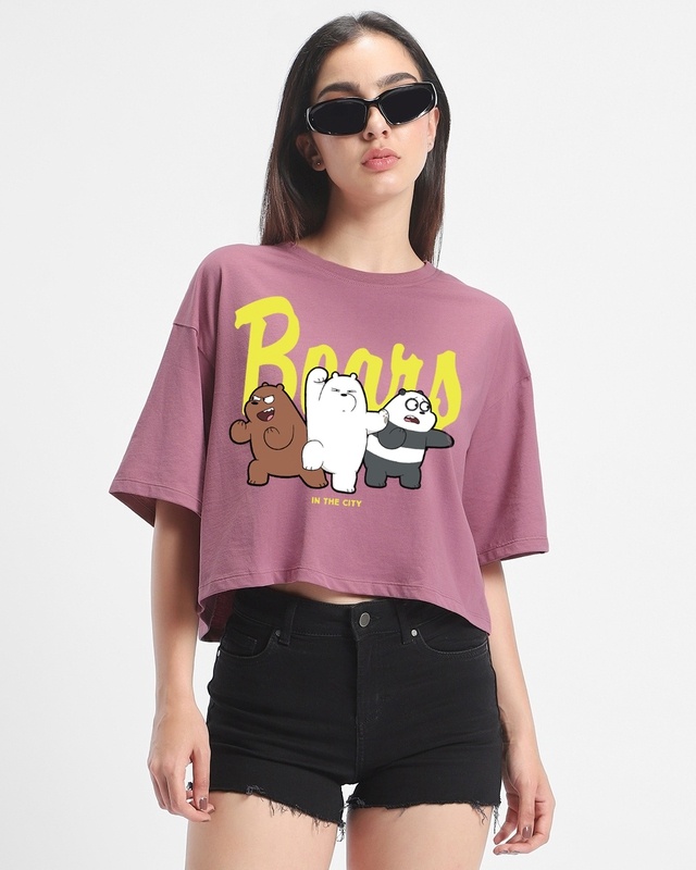 Shop Women's Purple Bears In The City Graphic Printed Oversized Short Top-Front