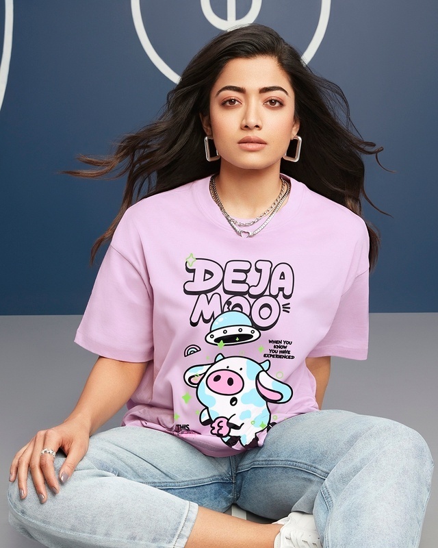 Shop Women's Purple Deja Moo Graphic Printed Oversized T-shirt-Front