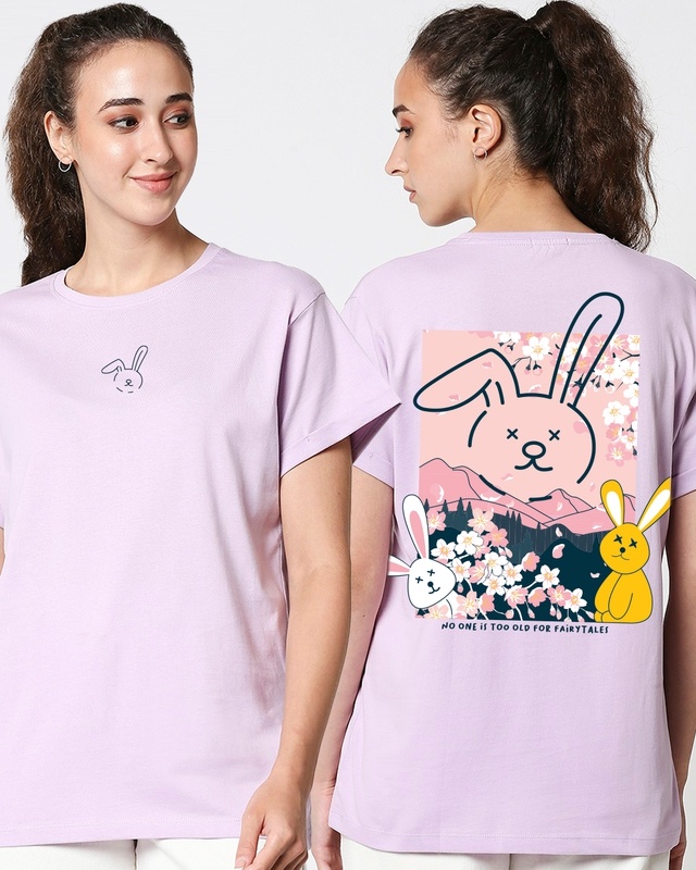 Shop Women's Purple Fairytale Bunny Graphic Printed Boyfriend T-shirt-Front