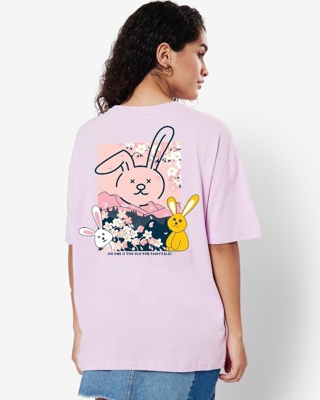 Shop Women's Purple Fairytale Bunny Graphic Printed Oversized T-shirt-Front