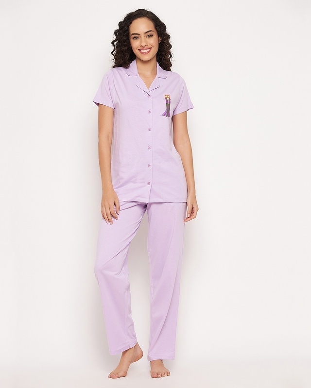 Shop Women's Purple Graphic Printed Shirt & Pyjama Set-Front