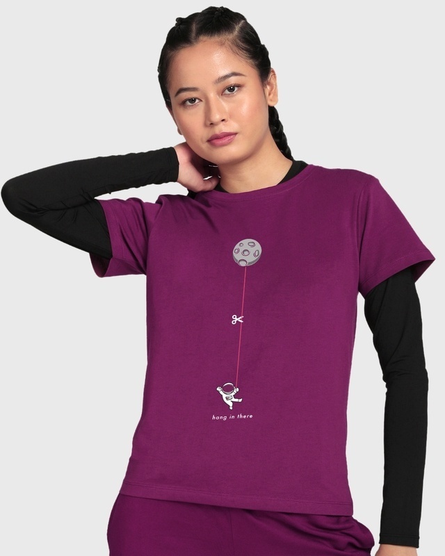 Shop Women's Purple Hangin Astronaut Graphic Printed T-shirt-Front