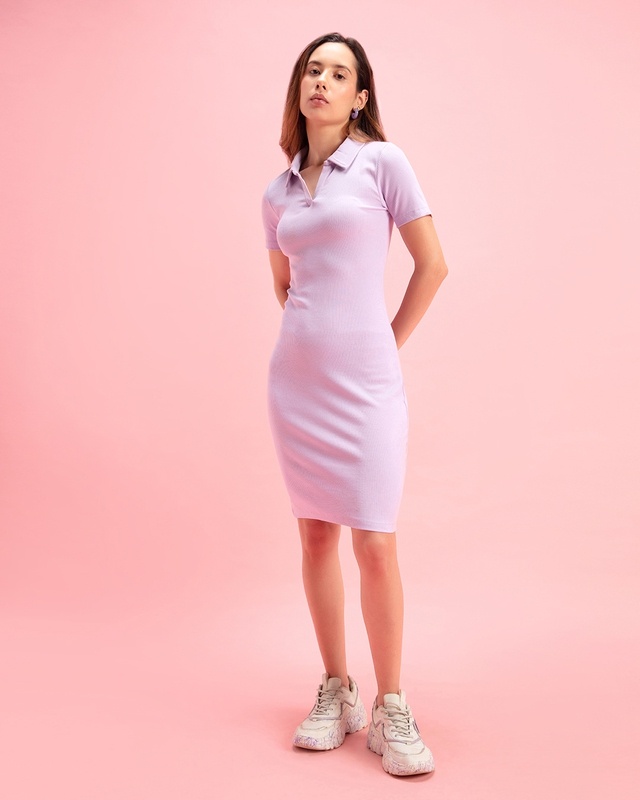 Shop Women's Purple Johnny Collar Slim Fit Ribbed Dress-Front