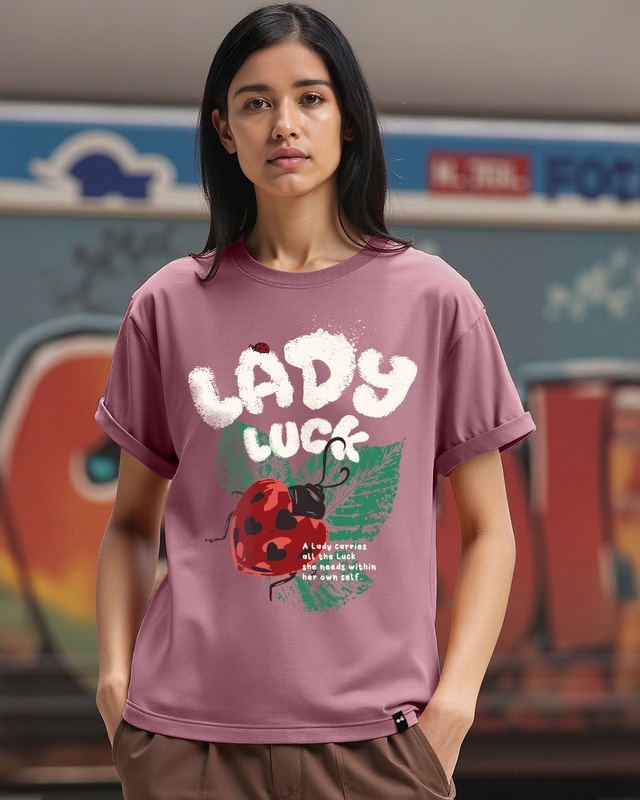 Shop Women's Purple Lady Luck Graphic Printed Boyfriend T-shirt-Front