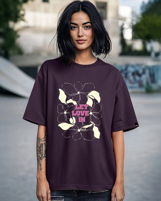 Shop Women's Plum Purple Let Love In Graphic Printed Oversized T-shirt-Front