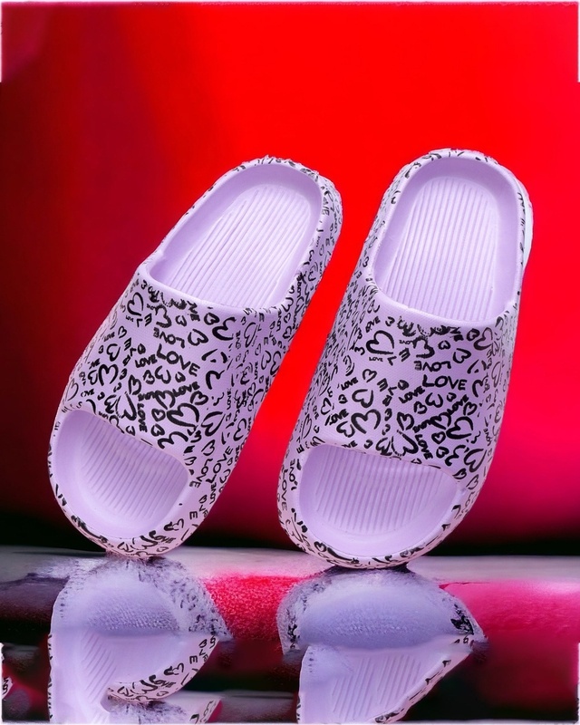 Shop Women's Purple All Over Love Printed Sliders-Front