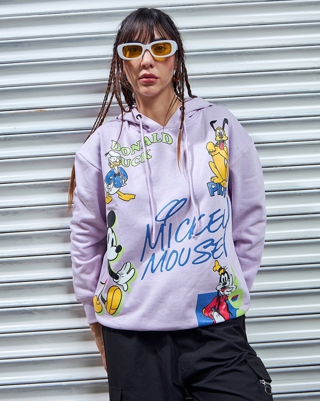 Shop Women's Purple Mickey Gang Graphic Printed Oversized Hoodies-Front