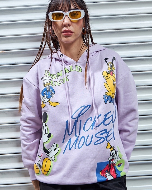 Shop Women's Purple Mickey Gang Graphic Printed Oversized Hoodies-Front